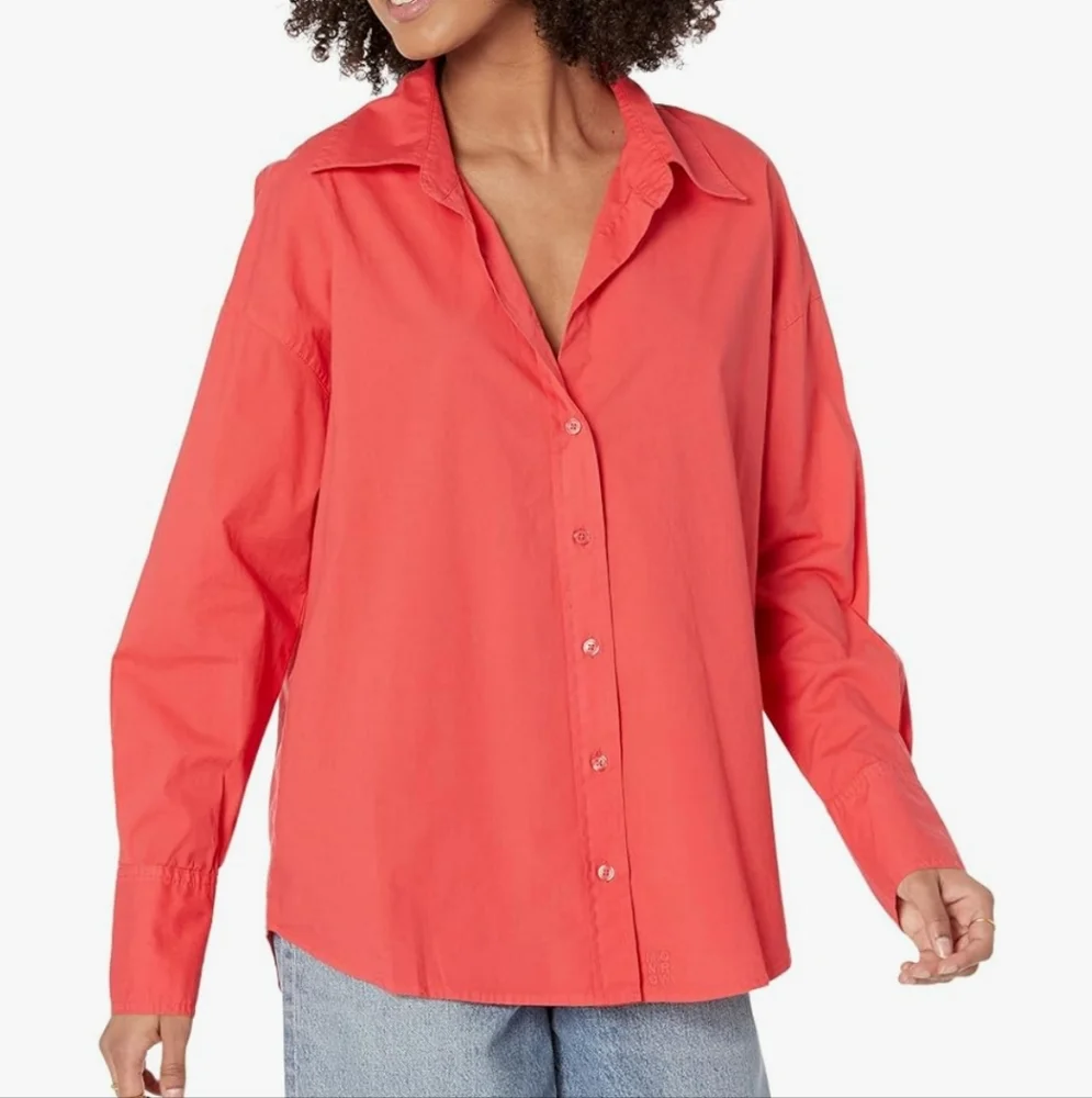 MONROW Fire Coral Oversized Poplin Button Down Shirt NWT Relaxed Coastal Top - Picture 2 of 11